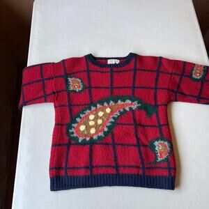 J.G. Hook 100% Wool Paisley Sweater Red Navy Windowpane Vintage PM Medium